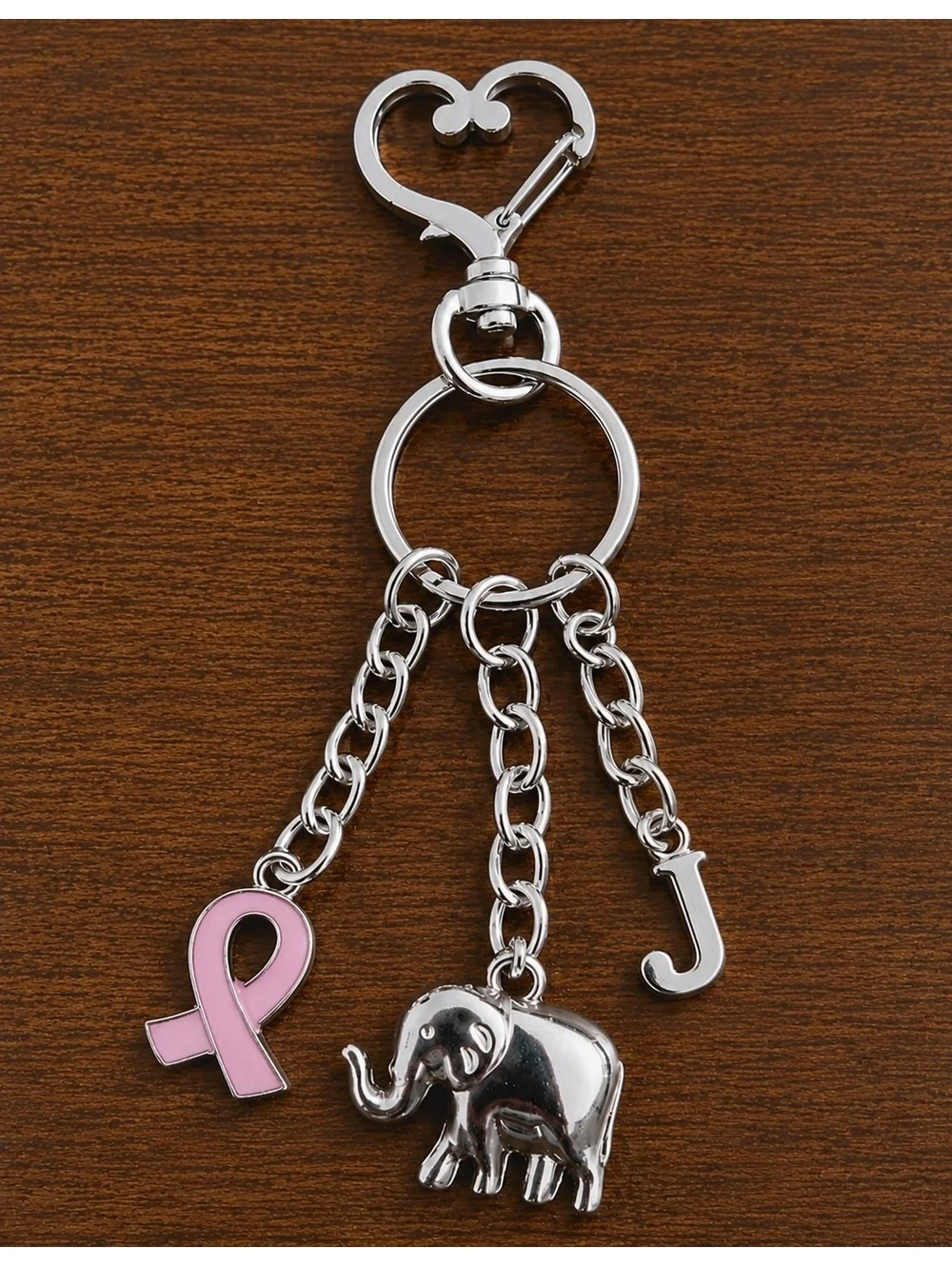Silver Tone Heart Clasp Keychain with Pink Ribbon, Elephant, and Letter L Charms